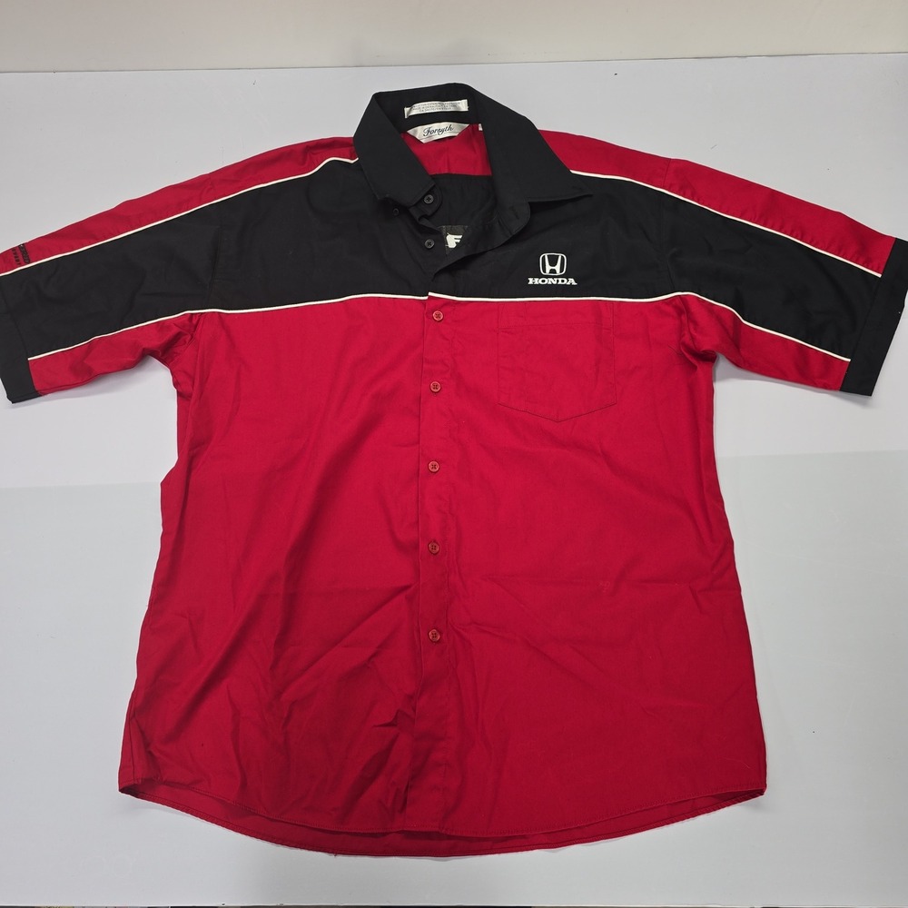 Forsyth Honda Racing Shirt Mens Large Red Black Short Sleeve Button Up Mechanic